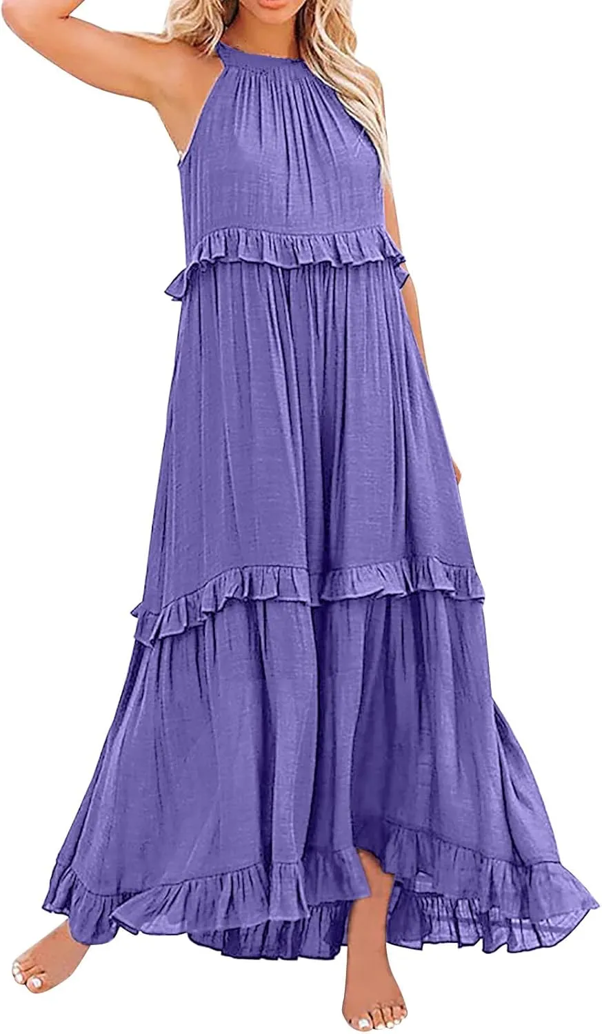 GOKKILRW Maxi Dresses for Women 2025 Summer Halter Long Dress Loose Flowy Boho Swing Smocked Ruffle Beach Dress Resort Wear