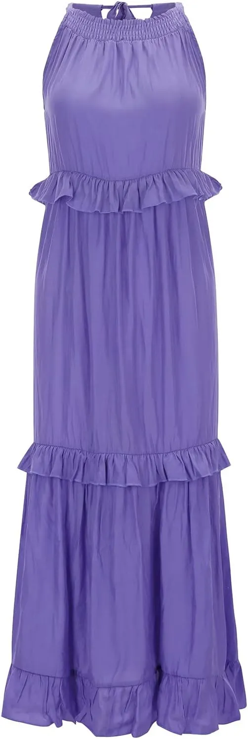 GOKKILRW Maxi Dresses for Women 2025 Summer Halter Long Dress Loose Flowy Boho Swing Smocked Ruffle Beach Dress Resort Wear