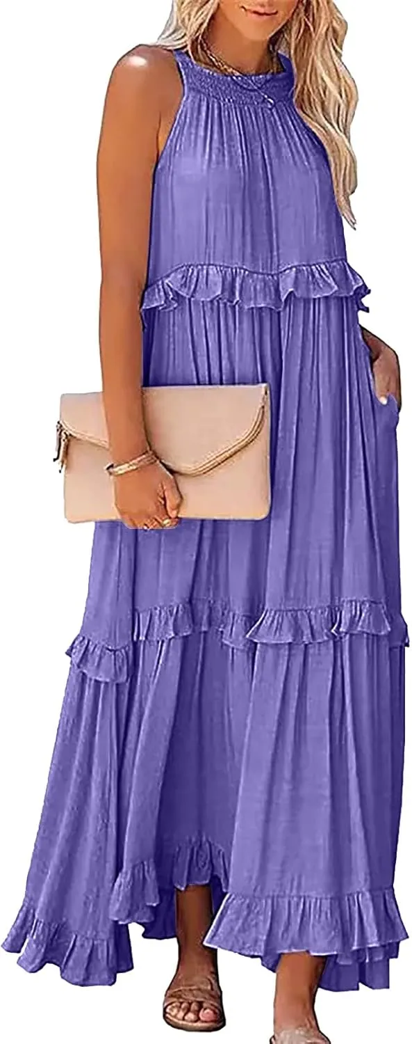GOKKILRW Maxi Dresses for Women 2025 Summer Halter Long Dress Loose Flowy Boho Swing Smocked Ruffle Beach Dress Resort Wear