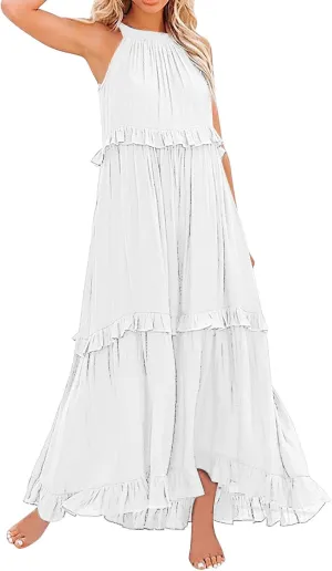 GOKKILRW Maxi Dresses for Women 2025 Summer Halter Long Dress Loose Flowy Boho Swing Smocked Ruffle Beach Dress Resort Wear