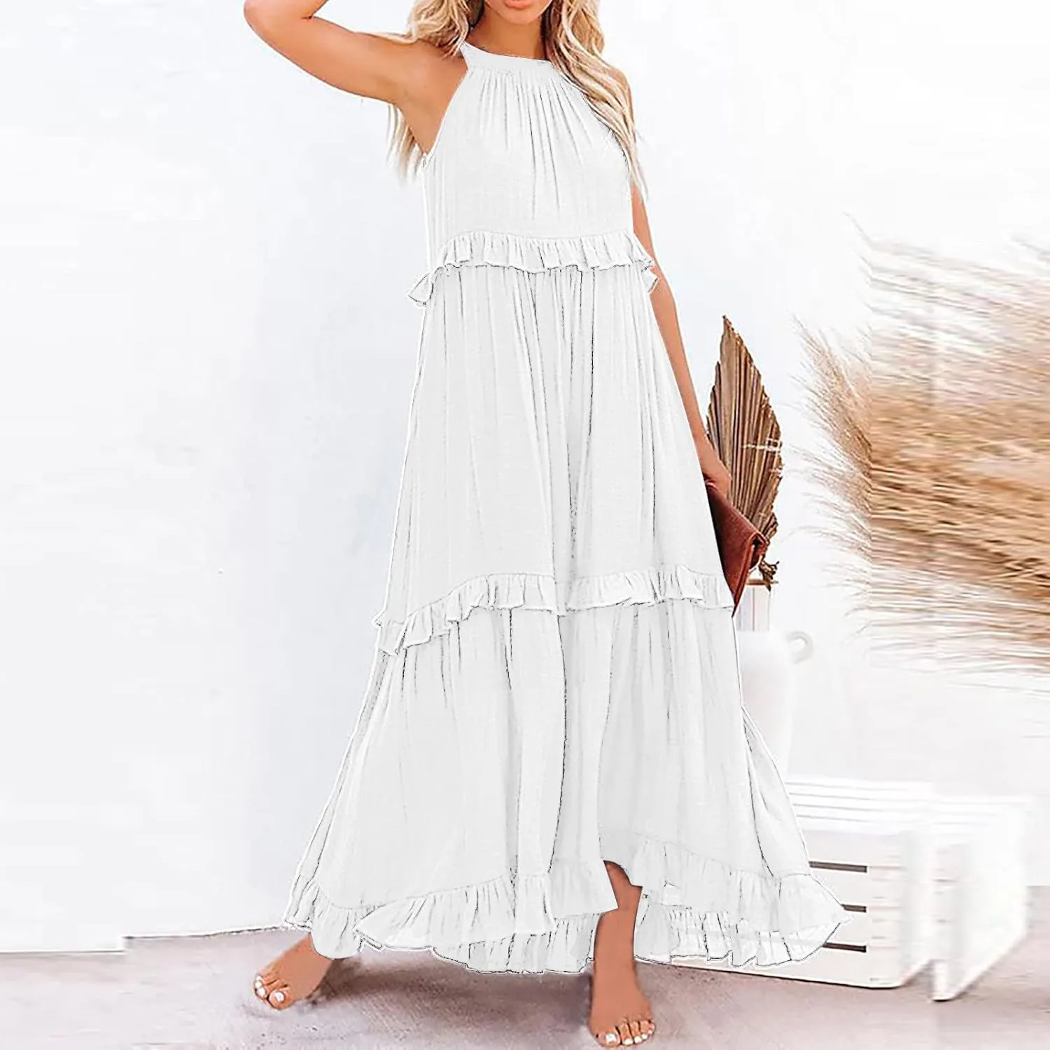 GOKKILRW Maxi Dresses for Women 2025 Summer Halter Long Dress Loose Flowy Boho Swing Smocked Ruffle Beach Dress Resort Wear