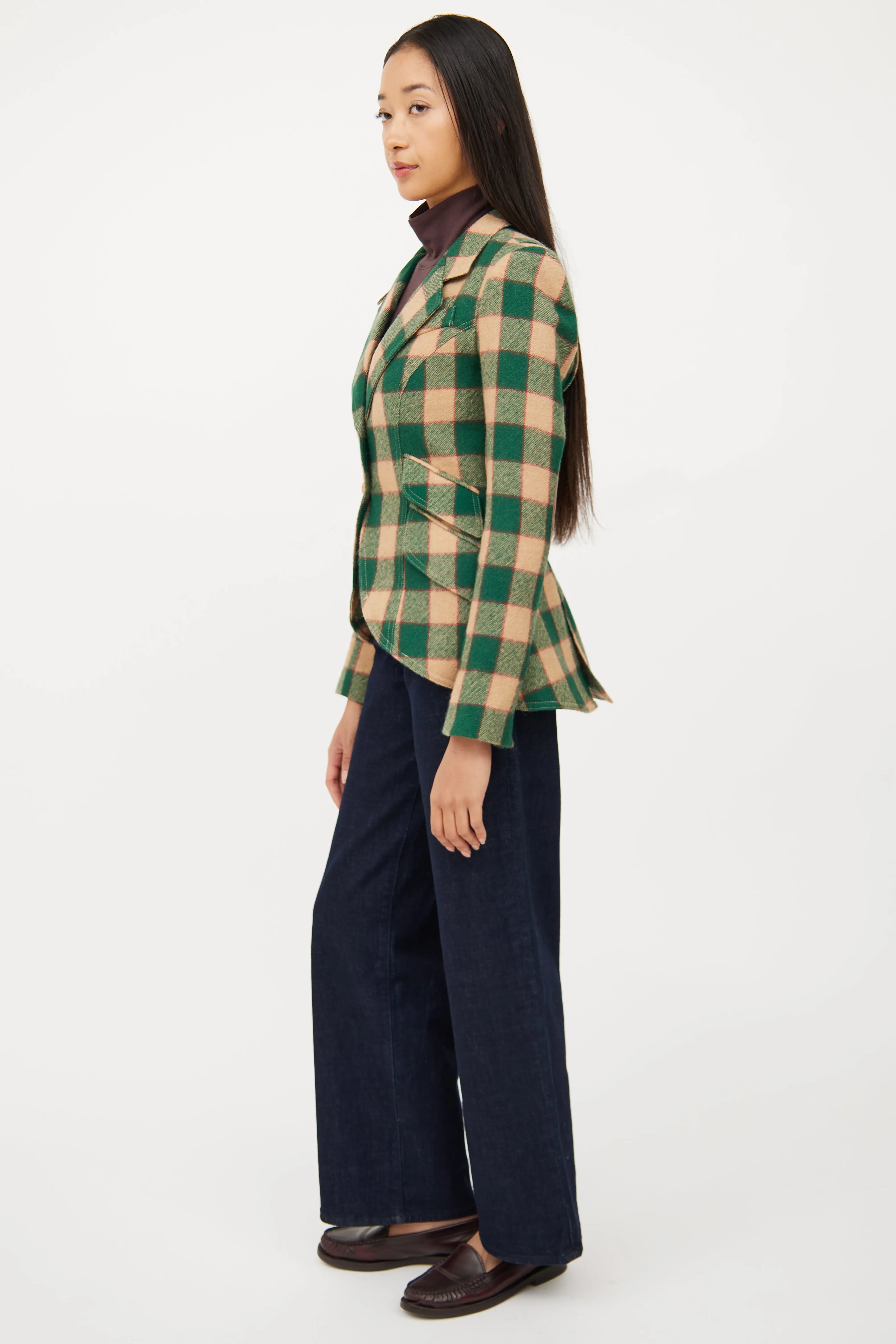 Green & Beige Wool Plaid Blazer