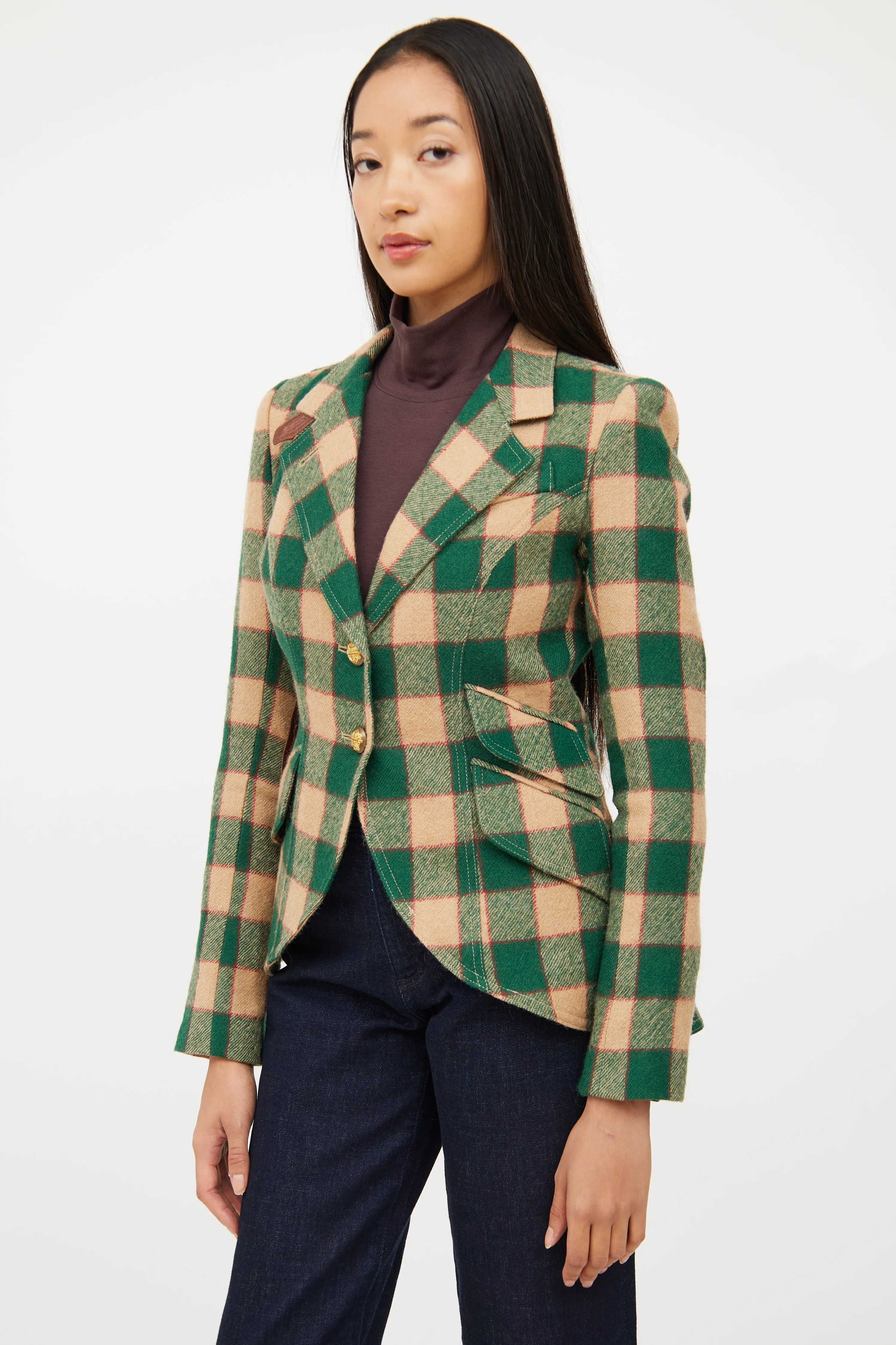 Green & Beige Wool Plaid Blazer