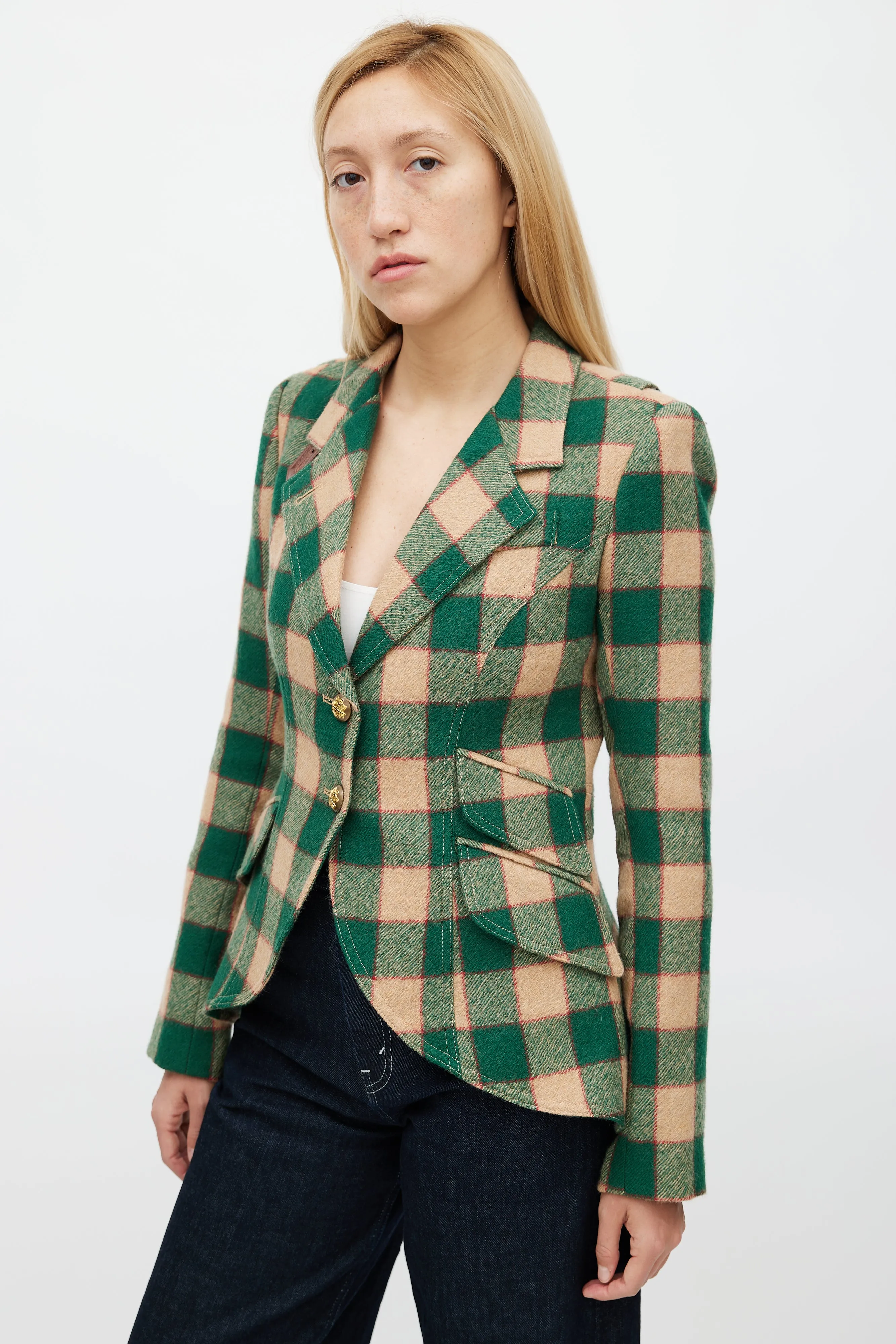 Green & Beige Wool Plaid Hunting Blazer