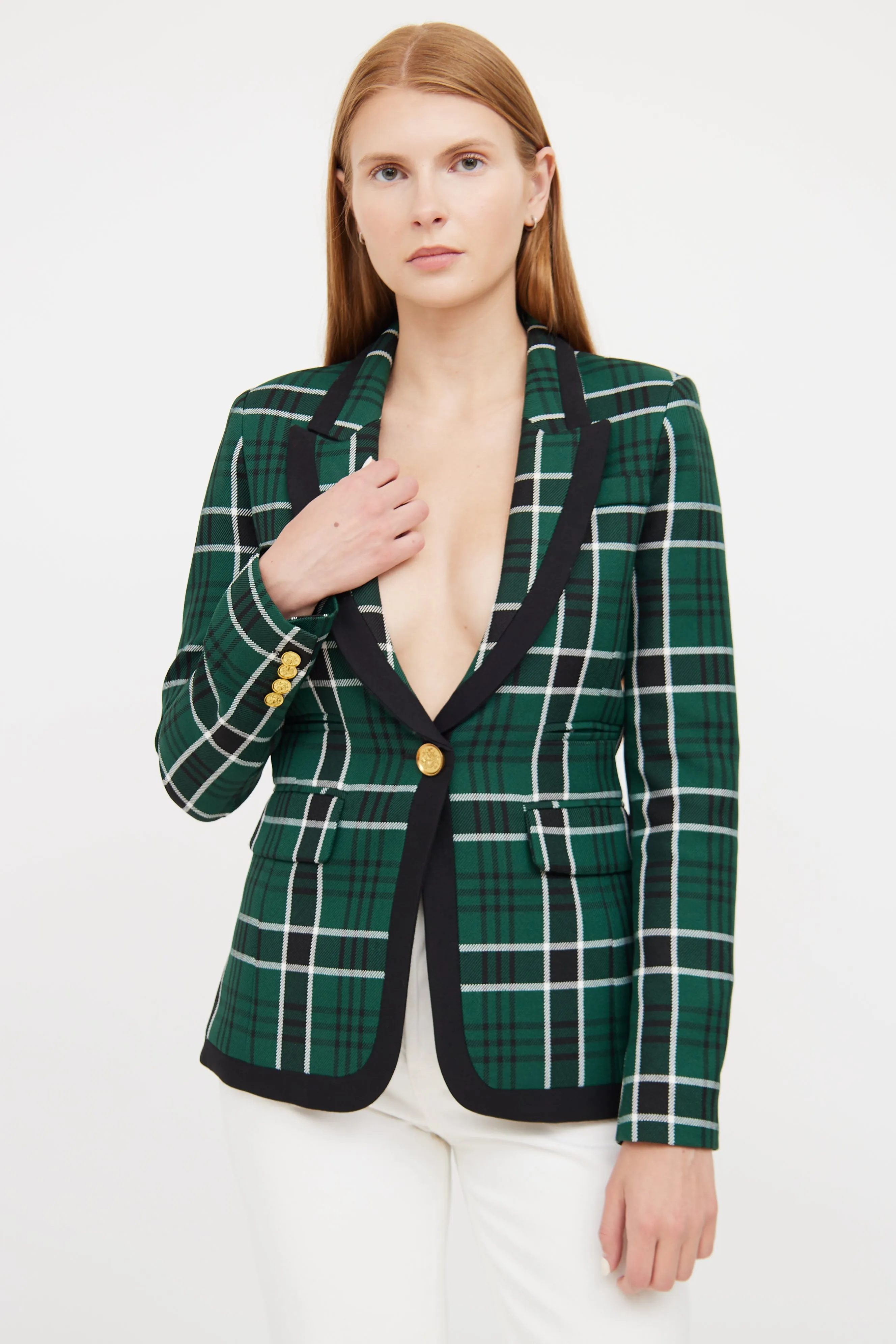 Green, Black & White Plaid Blazer