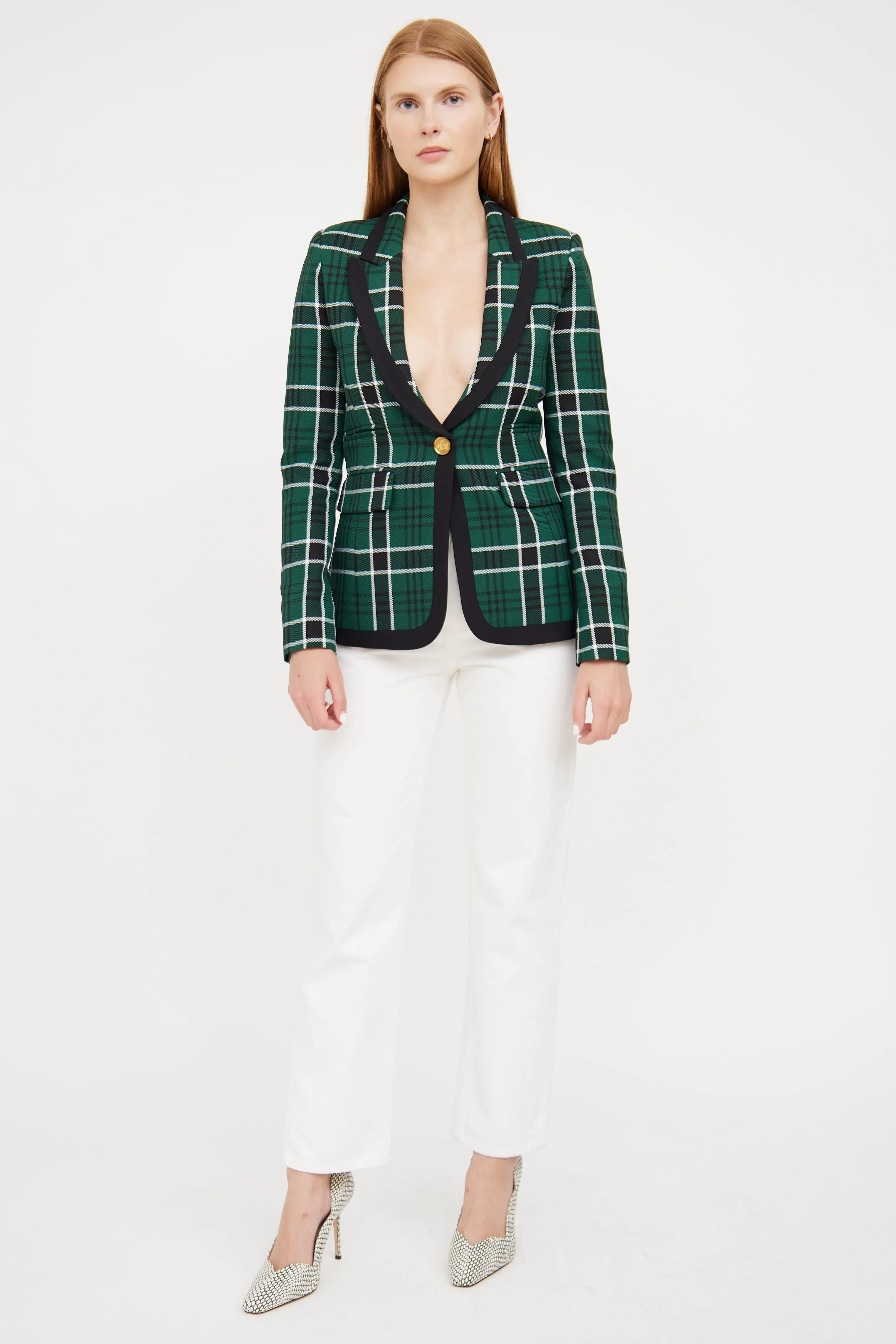 Green, Black & White Plaid Blazer