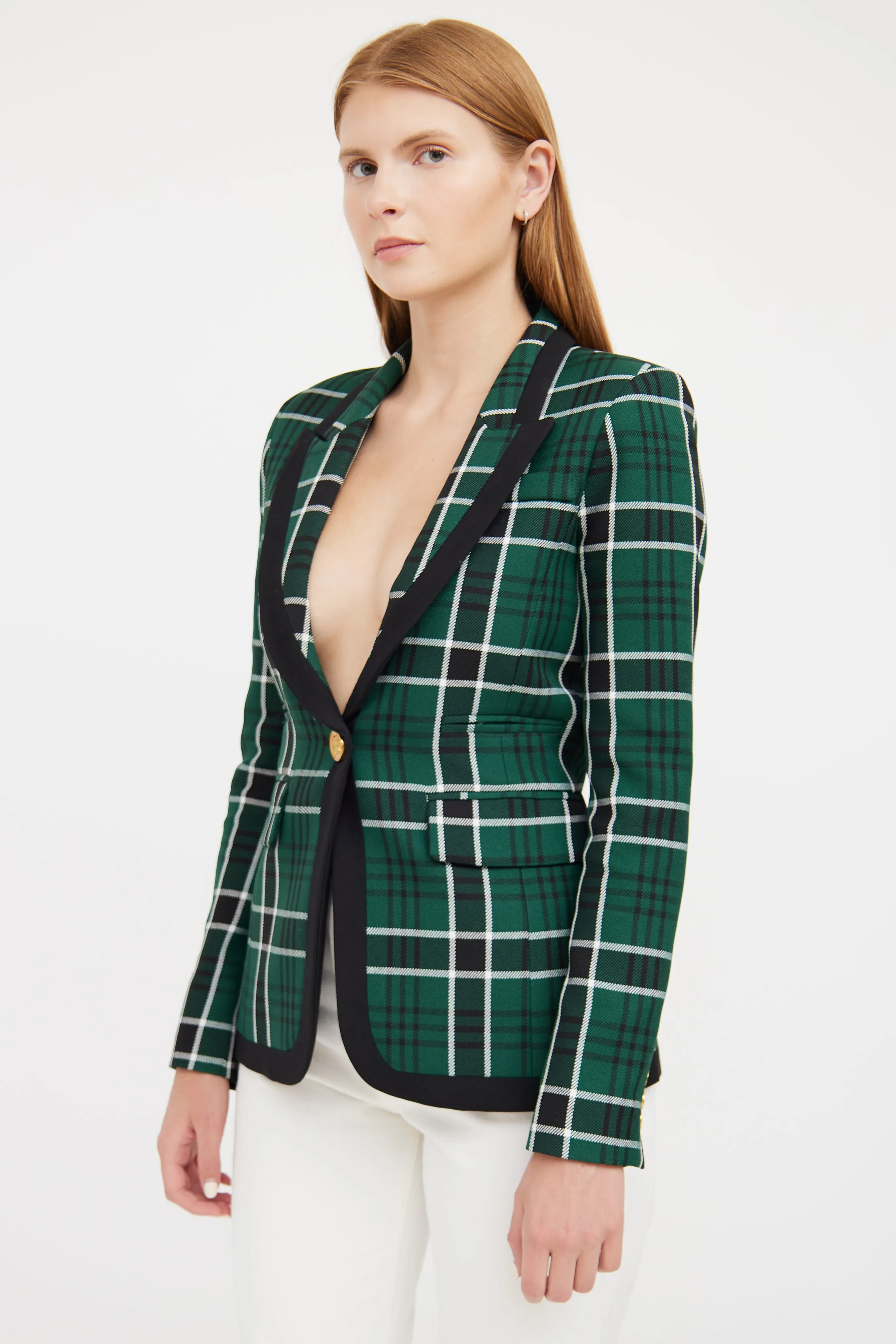 Green, Black & White Plaid Blazer