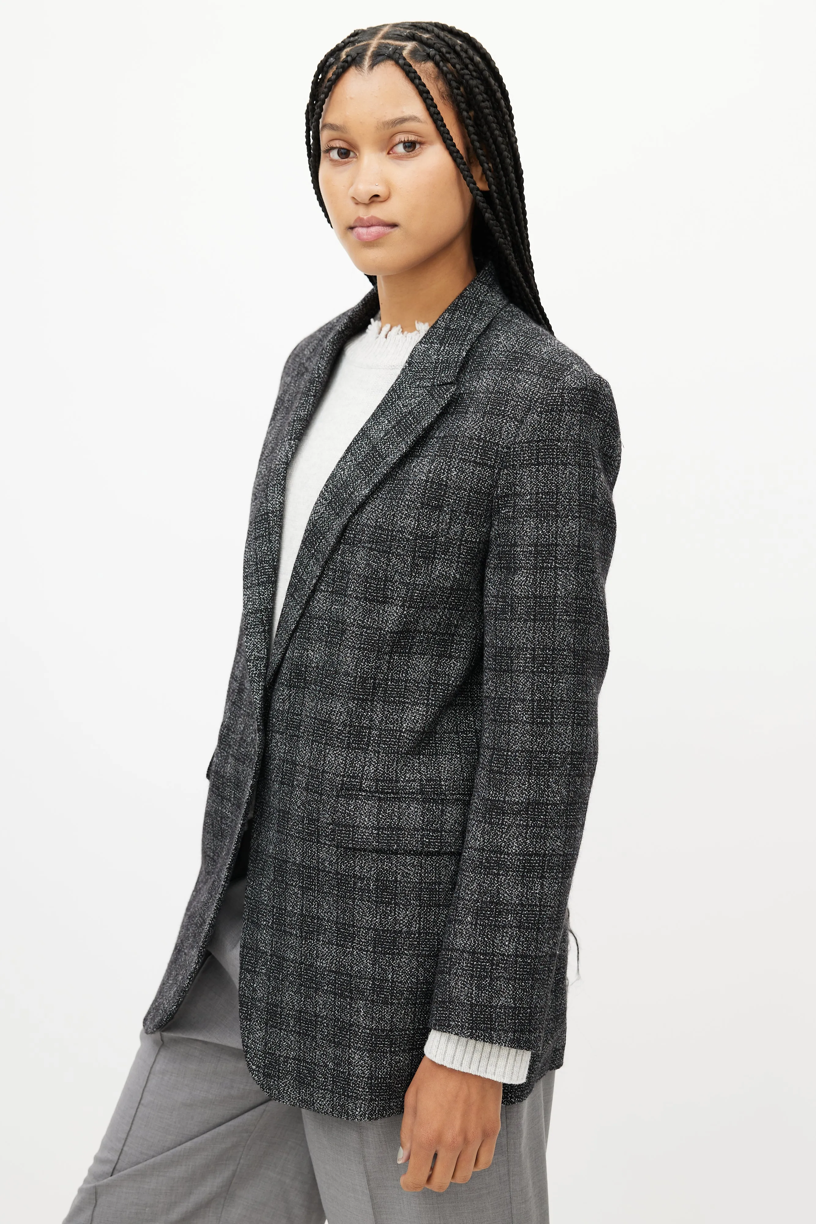 Grey & Black Plaid Blazer