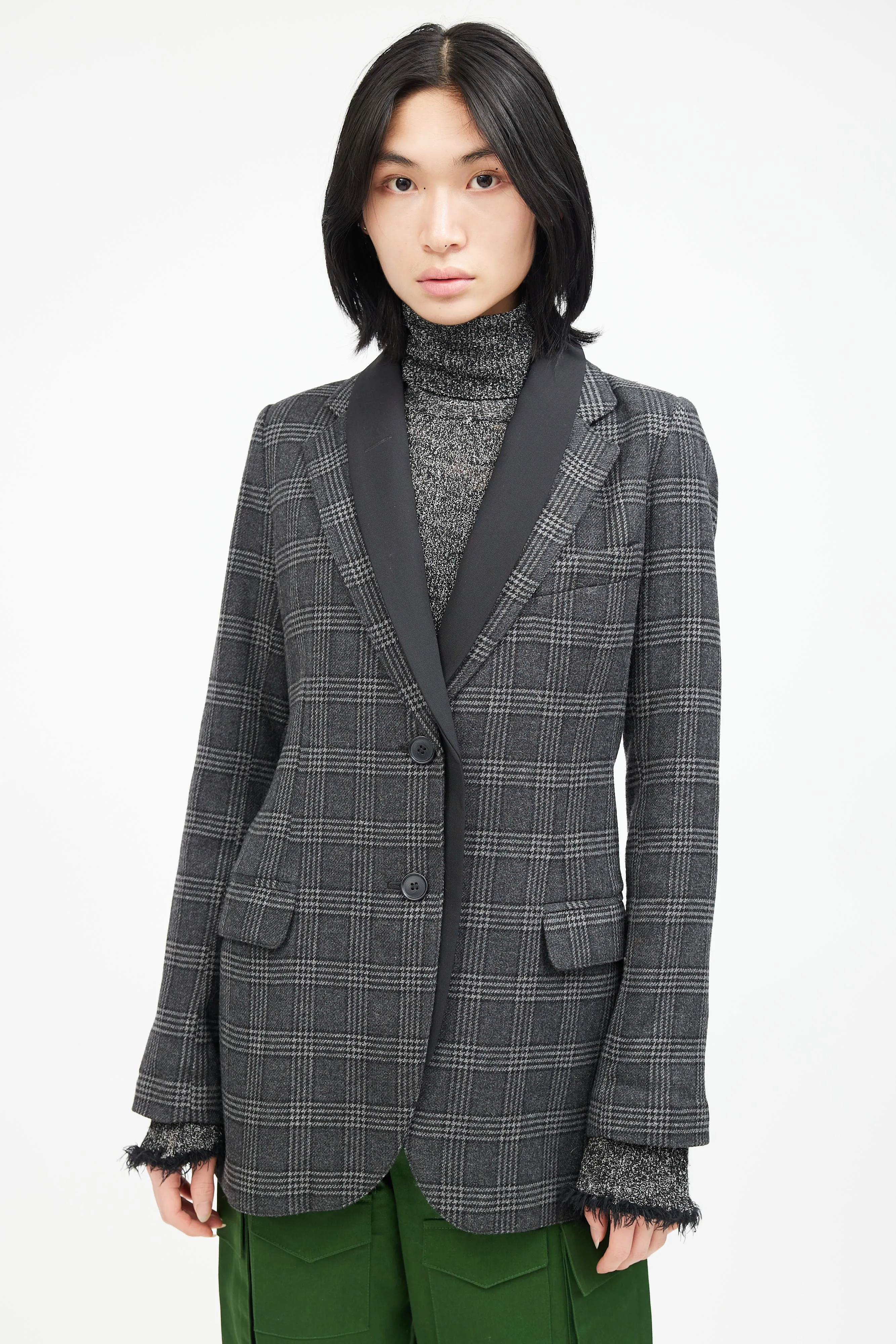 Grey & Black Wool Plaid Blazer