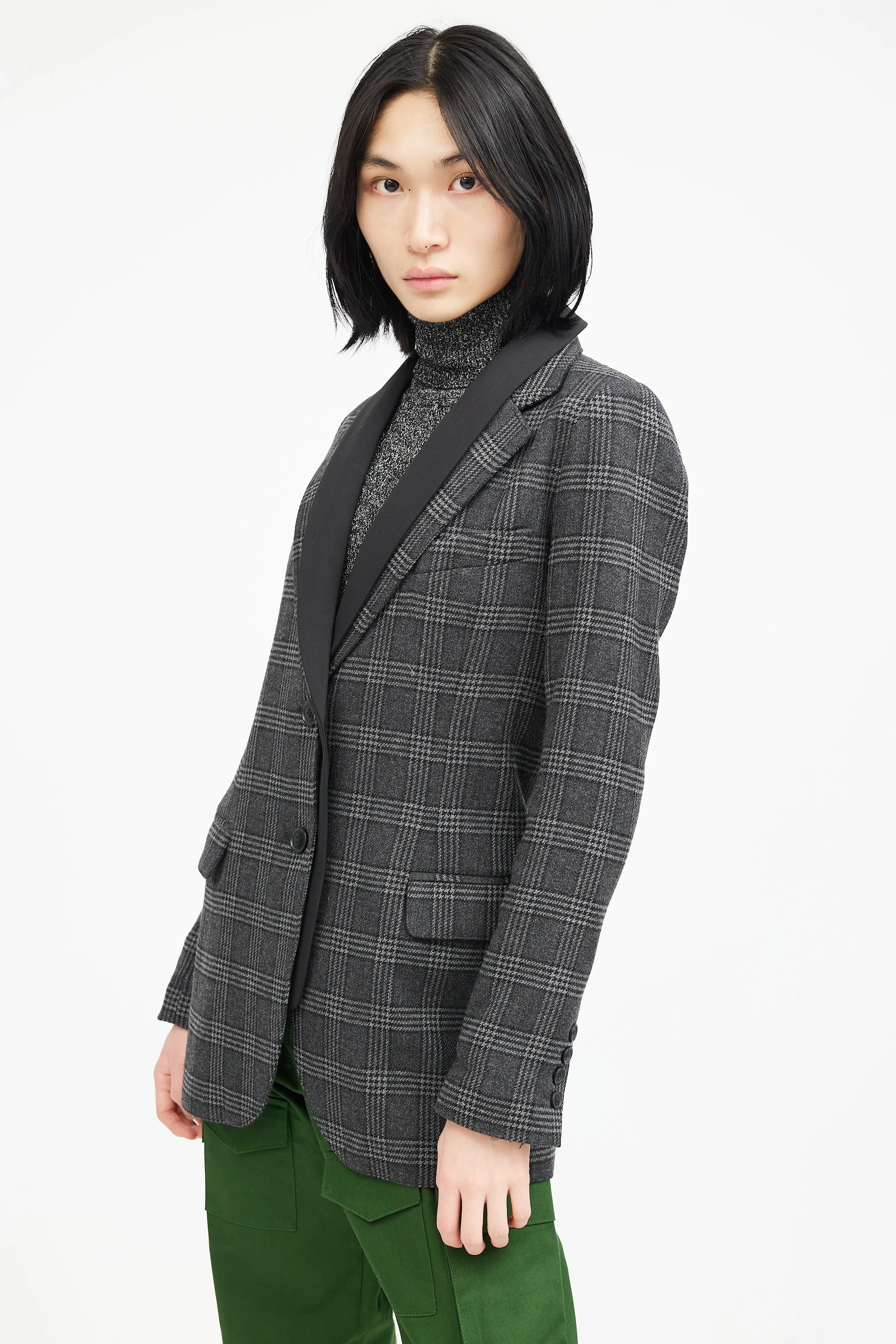 Grey & Black Wool Plaid Blazer