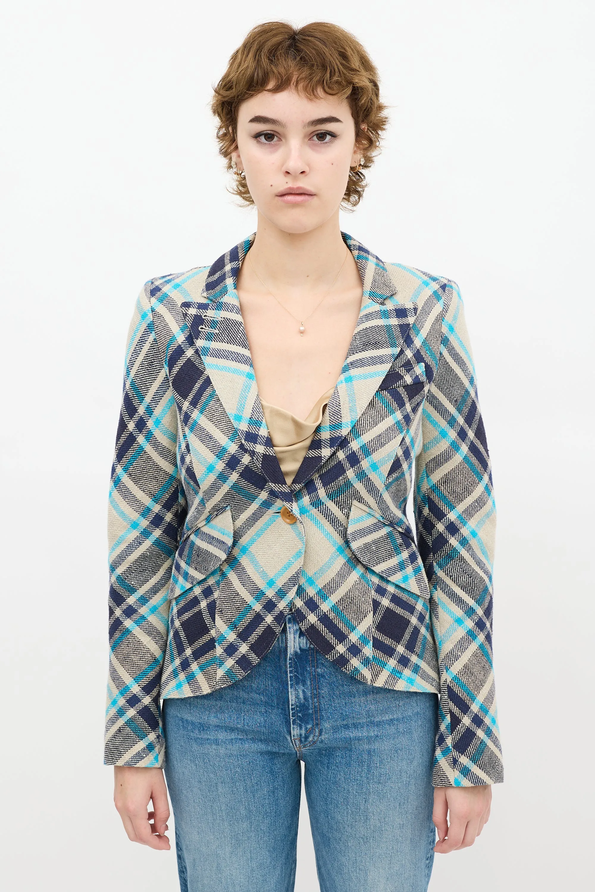 Grey & Blue Plaid Linen Blazer