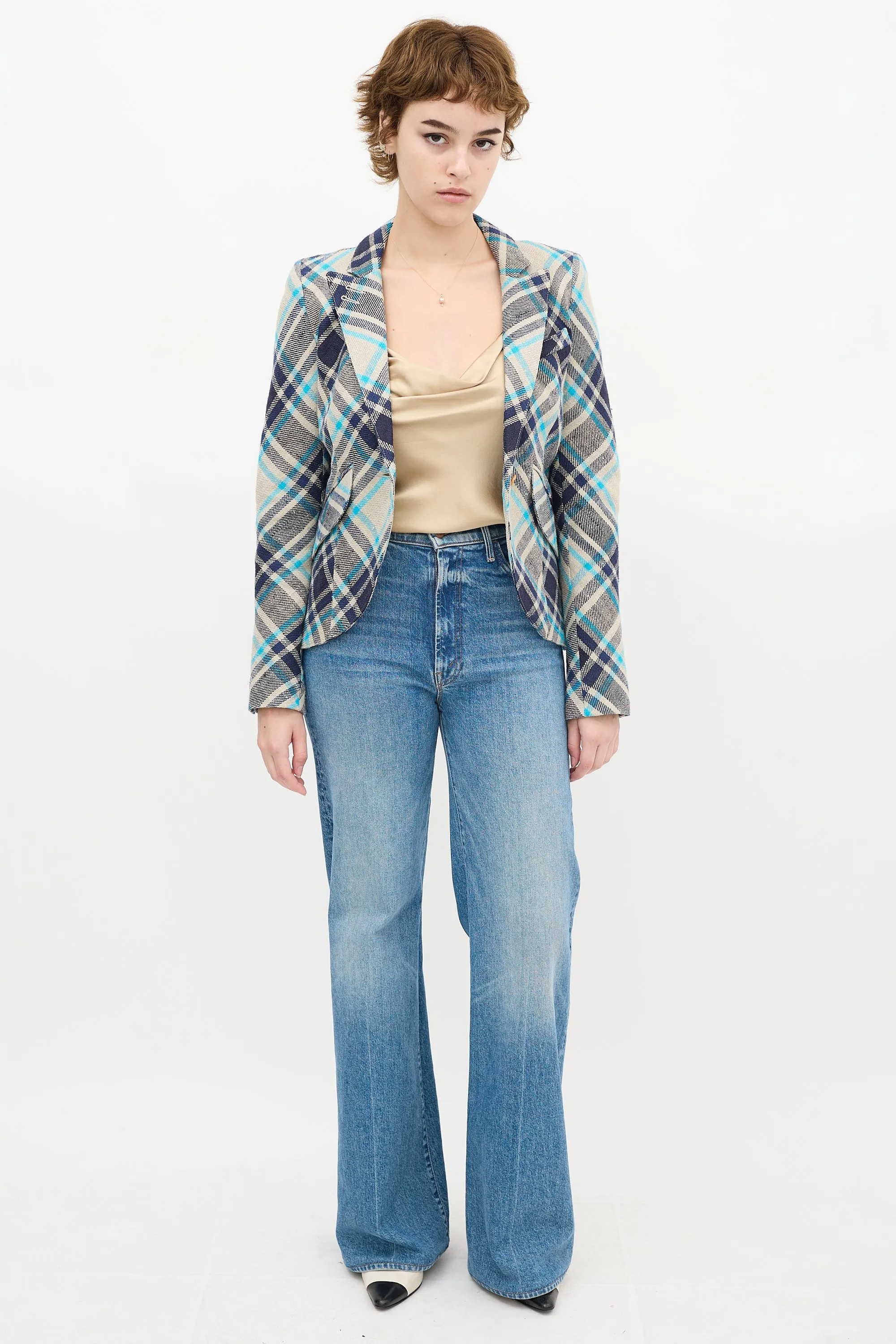 Grey & Blue Plaid Linen Blazer