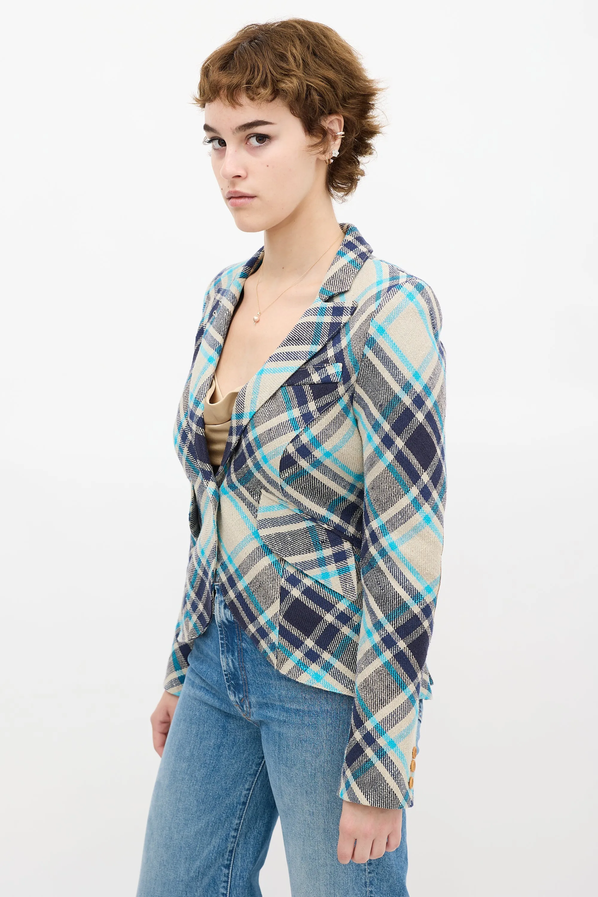 Grey & Blue Plaid Linen Blazer