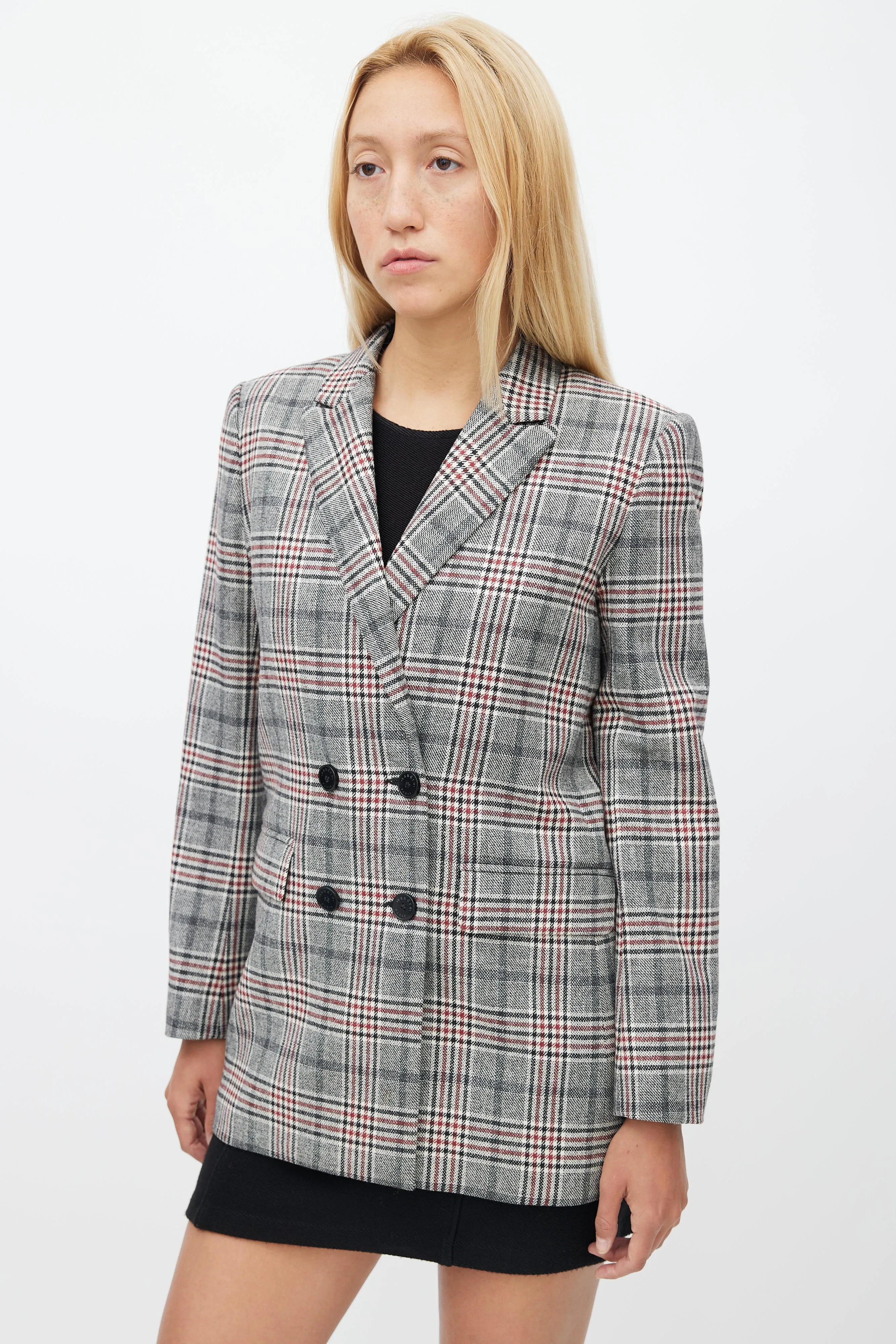 Grey & Multicolour Wool Plaid Blazer