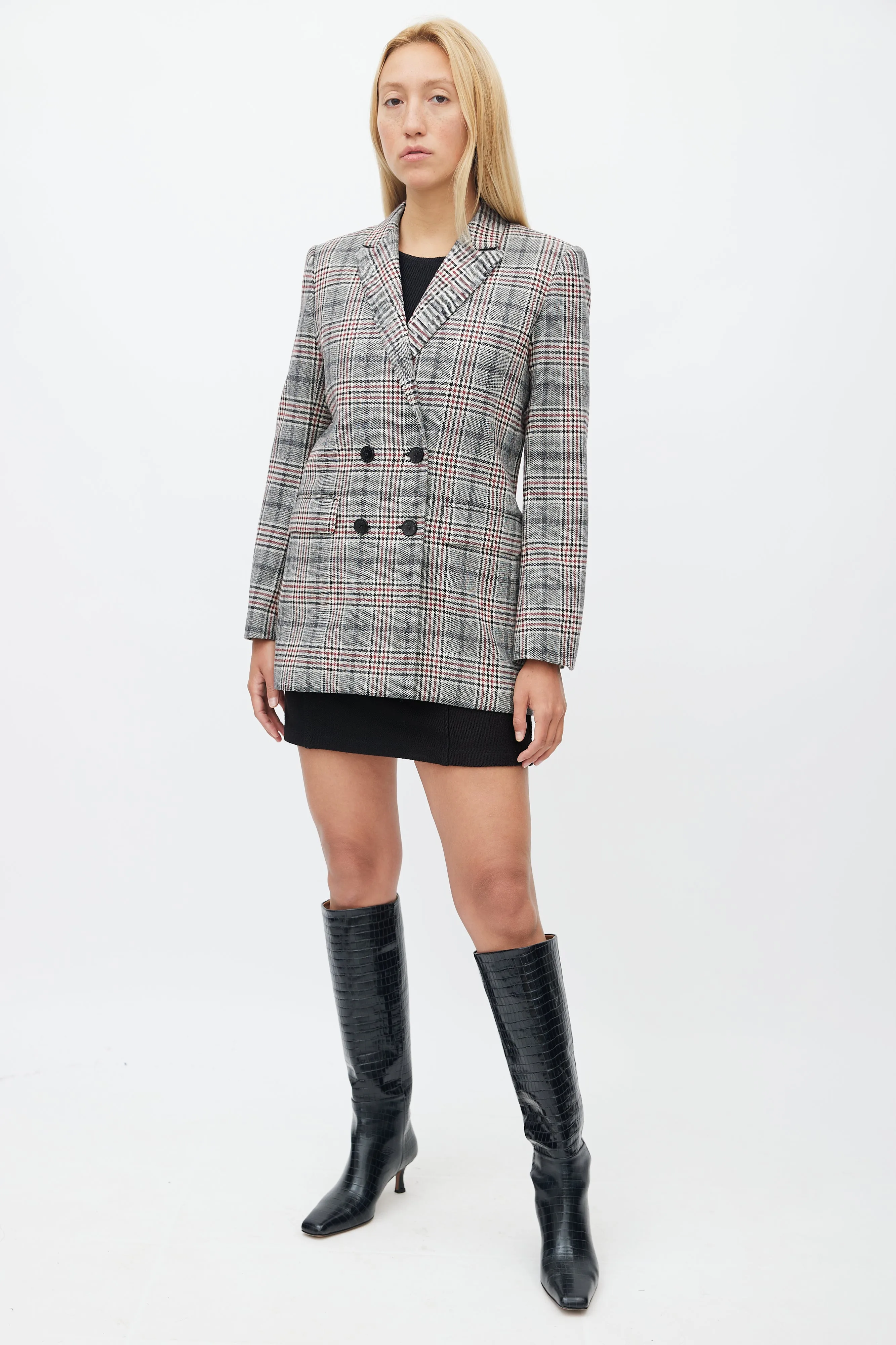 Grey & Multicolour Wool Plaid Blazer