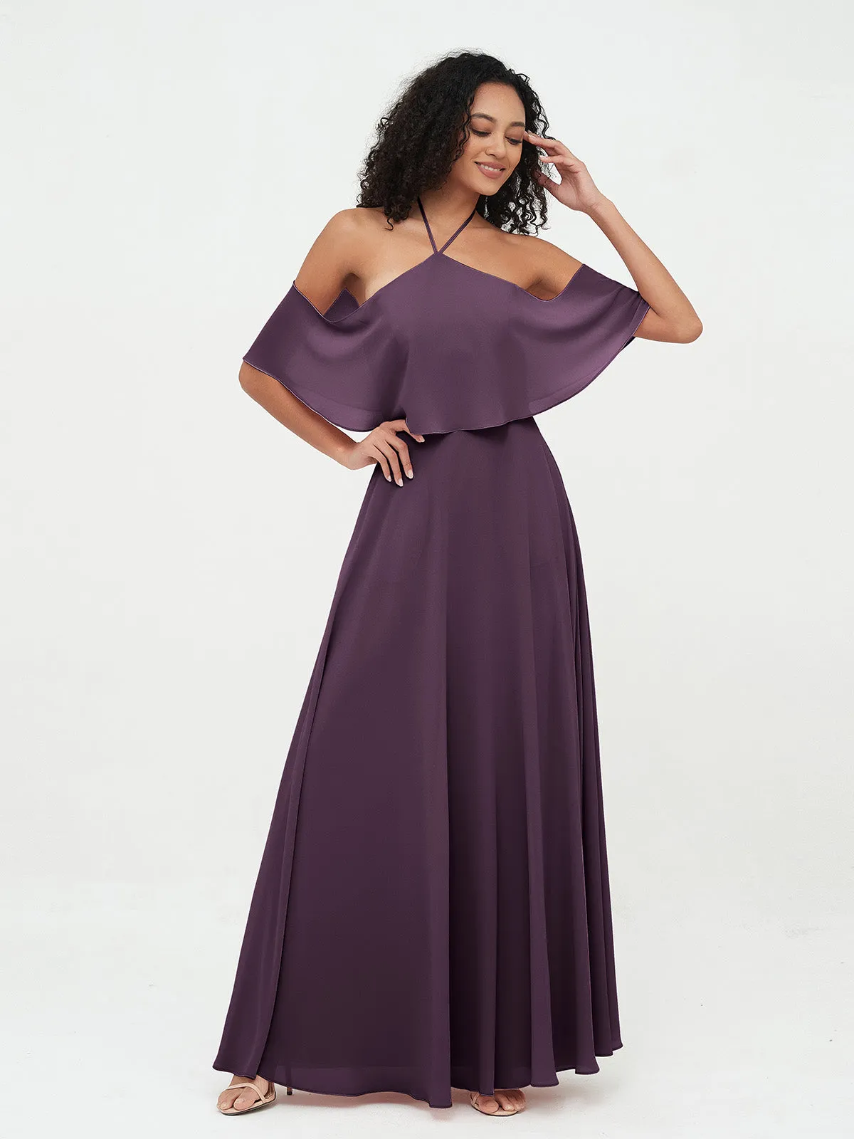 Halter Off the Shoulder Max Dresses with Pockets-Plum Plus Size