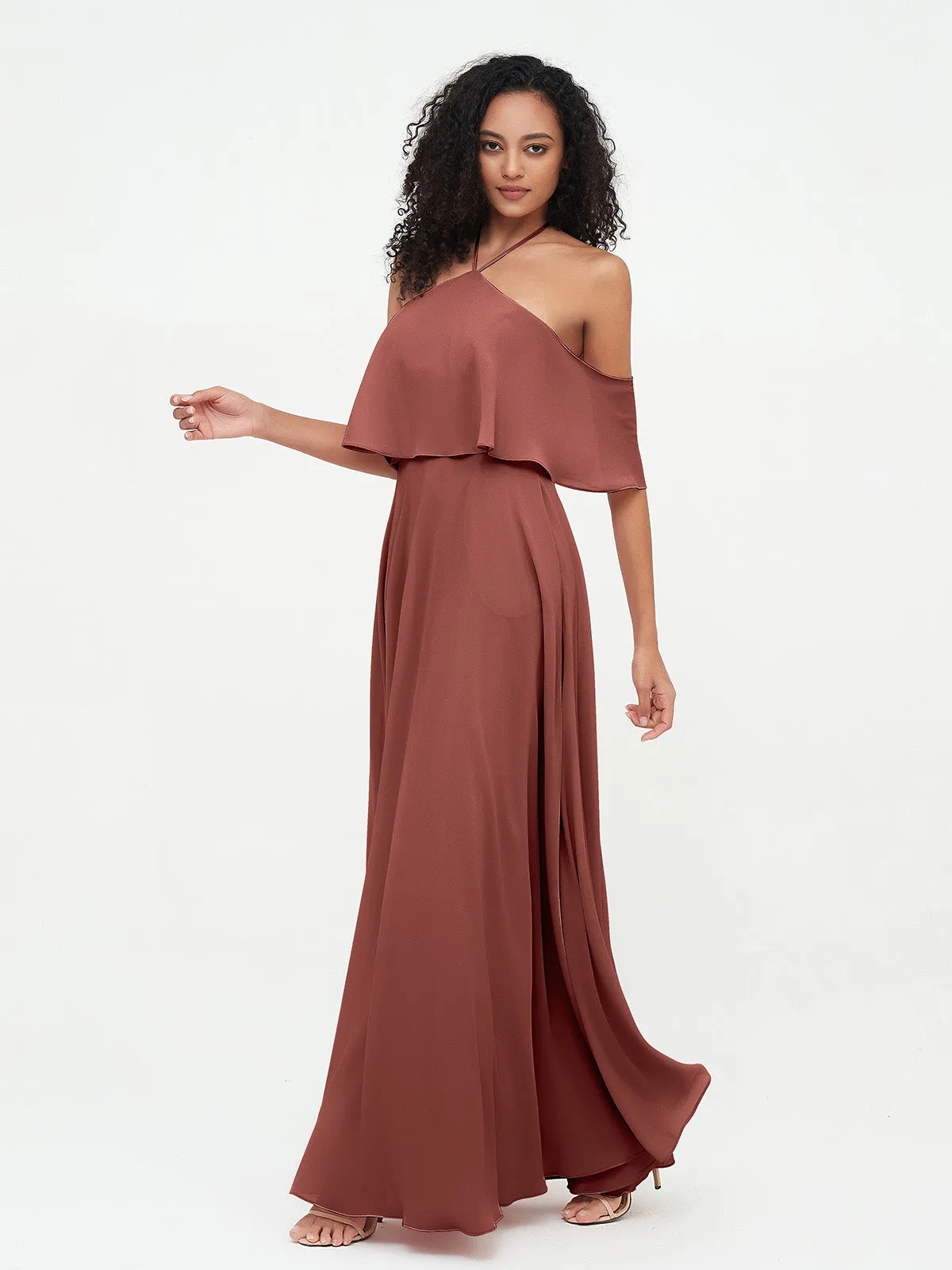 Halter Off the Shoulder Max Dresses with Pockets-Terracotta