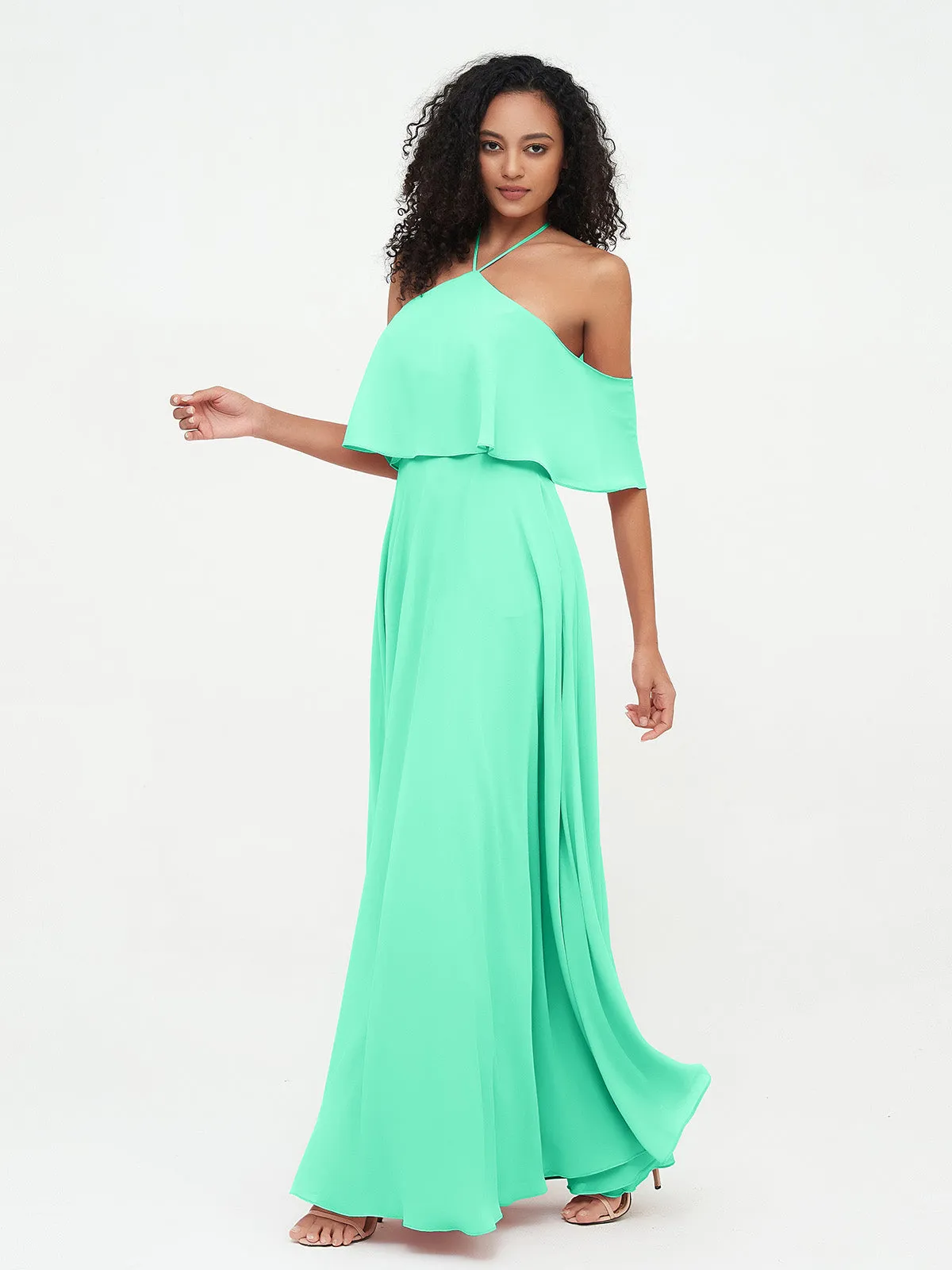 Halter Off the Shoulder Max Dresses with Pockets-Turquoise