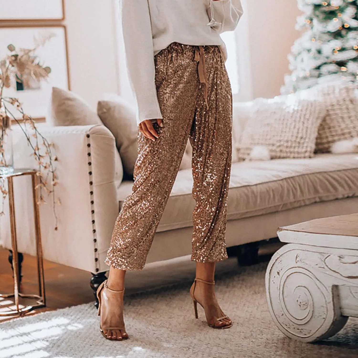 Hatop Womens Sequin Joggers Pants High Waist Drawstring Elastic Waist Loose Fit Shiny Tape Trousers