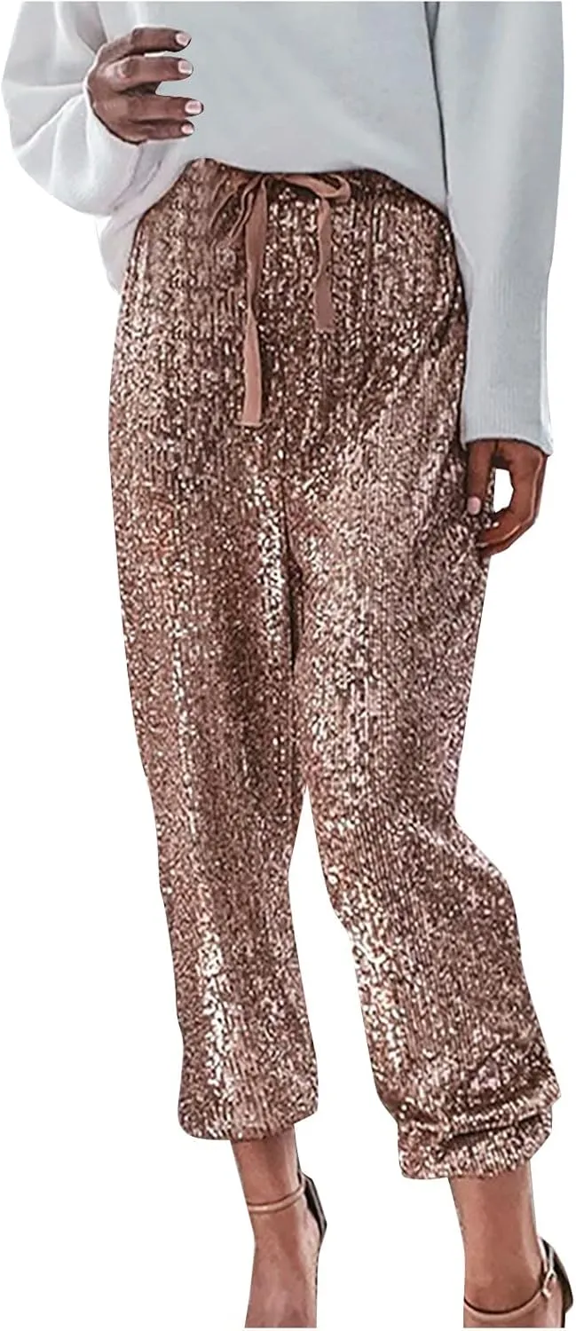 Hatop Womens Sequin Joggers Pants High Waist Drawstring Elastic Waist Loose Fit Shiny Tape Trousers