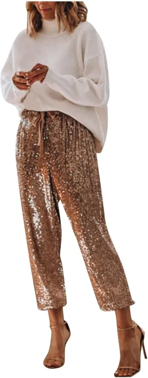 Hatop Womens Sequin Joggers Pants High Waist Drawstring Elastic Waist Loose Fit Shiny Tape Trousers