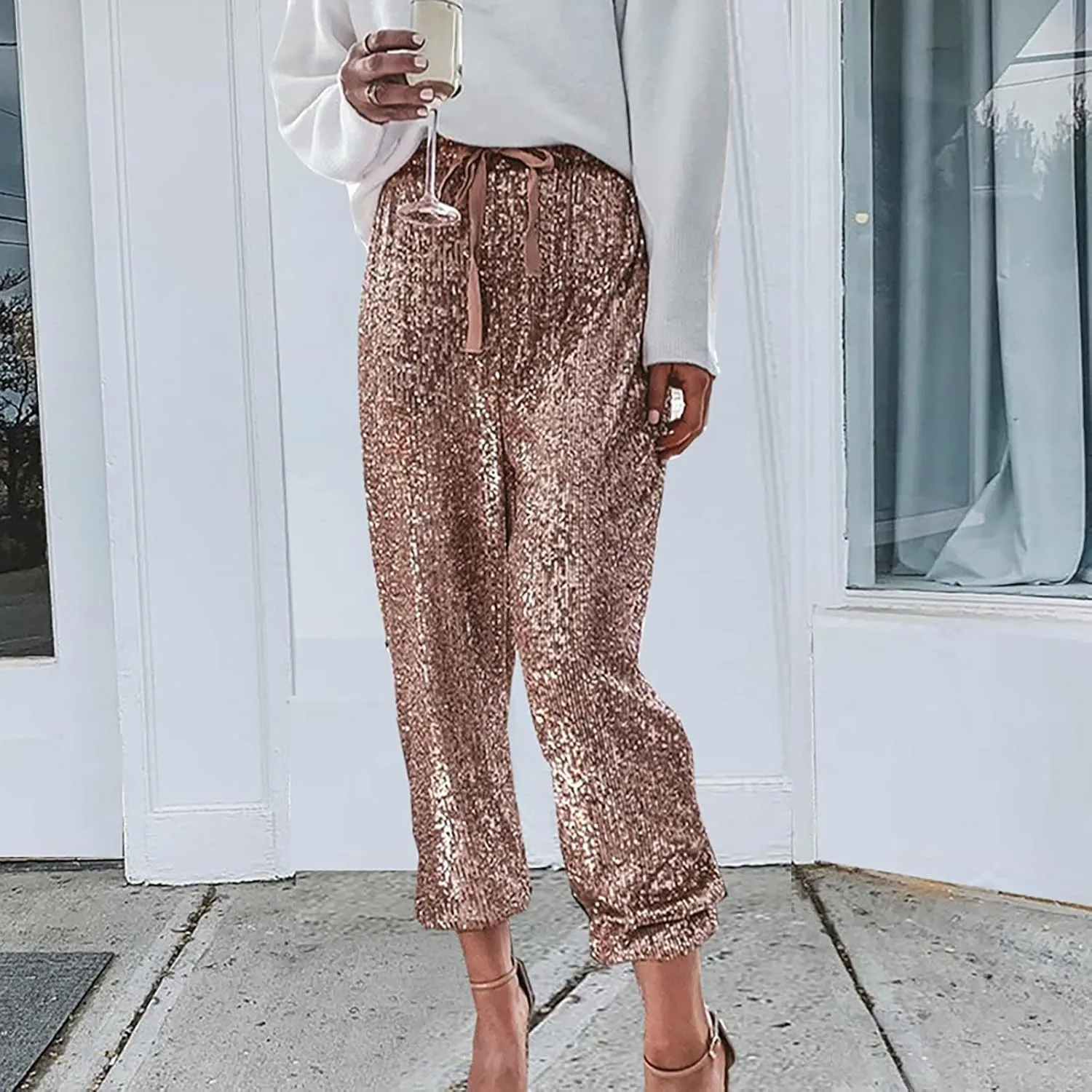 Hatop Womens Sequin Joggers Pants High Waist Drawstring Elastic Waist Loose Fit Shiny Tape Trousers