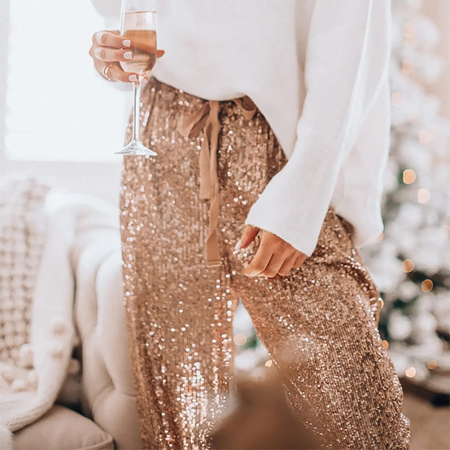 Hatop Womens Sequin Joggers Pants High Waist Drawstring Elastic Waist Loose Fit Shiny Tape Trousers