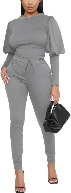 HBQ Women 2 Pieces Outfits Puff Sleeve Top And Jogger Pants Sweatpants Set Tracksuits
