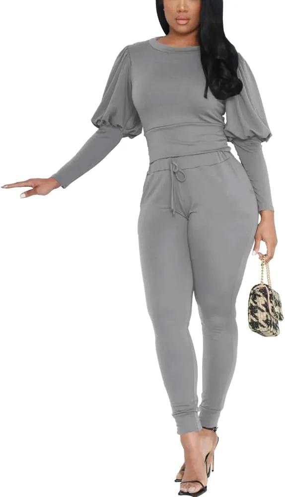 HBQ Women 2 Pieces Outfits Puff Sleeve Top And Jogger Pants Sweatpants Set Tracksuits