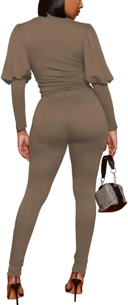HBQ Women 2 Pieces Outfits Puff Sleeve Top And Jogger Pants Sweatpants Set Tracksuits