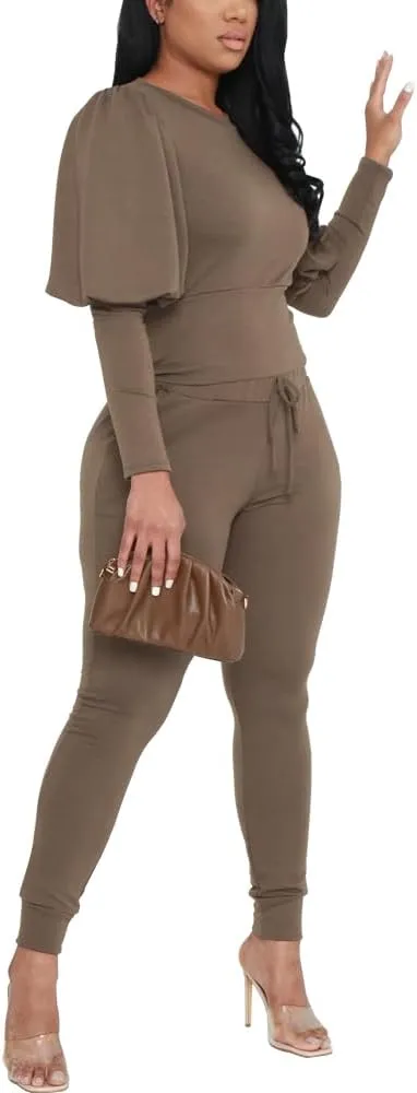 HBQ Women 2 Pieces Outfits Puff Sleeve Top And Jogger Pants Sweatpants Set Tracksuits