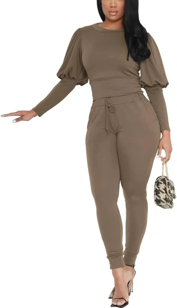 HBQ Women 2 Pieces Outfits Puff Sleeve Top And Jogger Pants Sweatpants Set Tracksuits