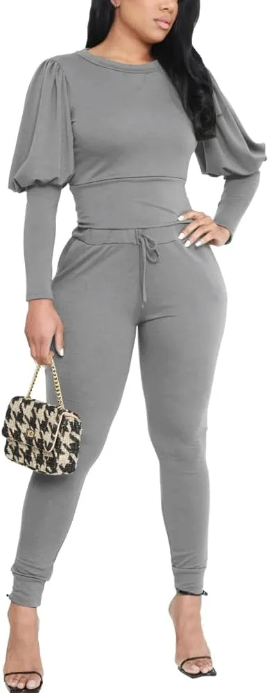 HBQ Women 2 Pieces Outfits Puff Sleeve Top And Jogger Pants Sweatpants Set Tracksuits
