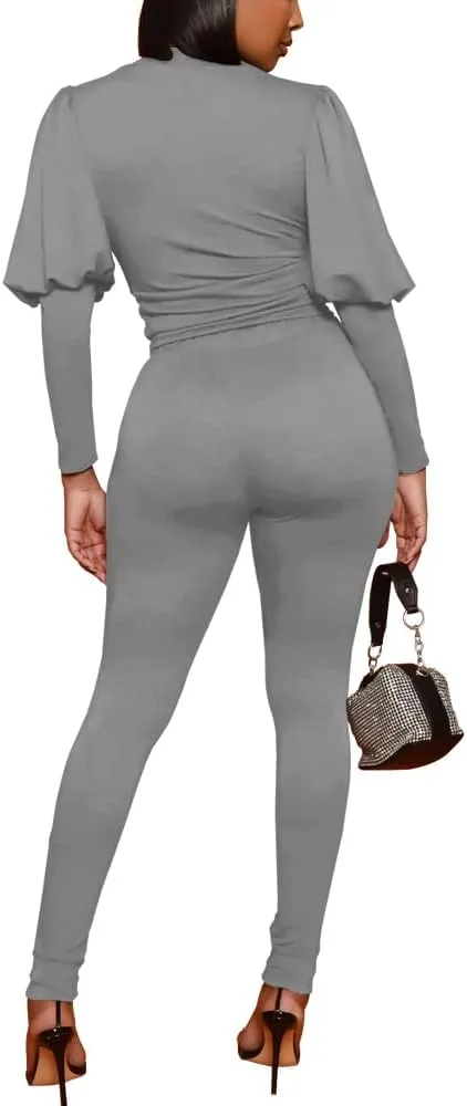HBQ Women 2 Pieces Outfits Puff Sleeve Top And Jogger Pants Sweatpants Set Tracksuits