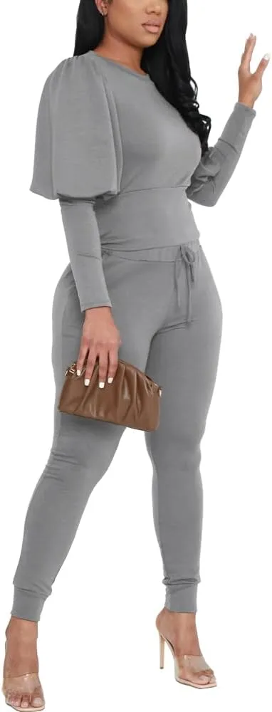 HBQ Women 2 Pieces Outfits Puff Sleeve Top And Jogger Pants Sweatpants Set Tracksuits