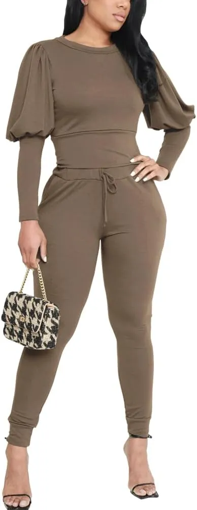 HBQ Women 2 Pieces Outfits Puff Sleeve Top And Jogger Pants Sweatpants Set Tracksuits