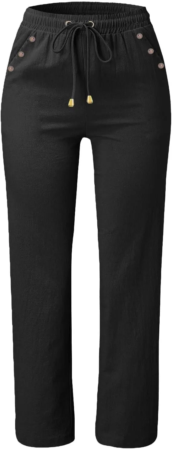 High Waisted Linen Pants Women Summer Boho Cotton Palazzo Pants Casual Summer Wide Leg Flowy Beach Pants with Pockets