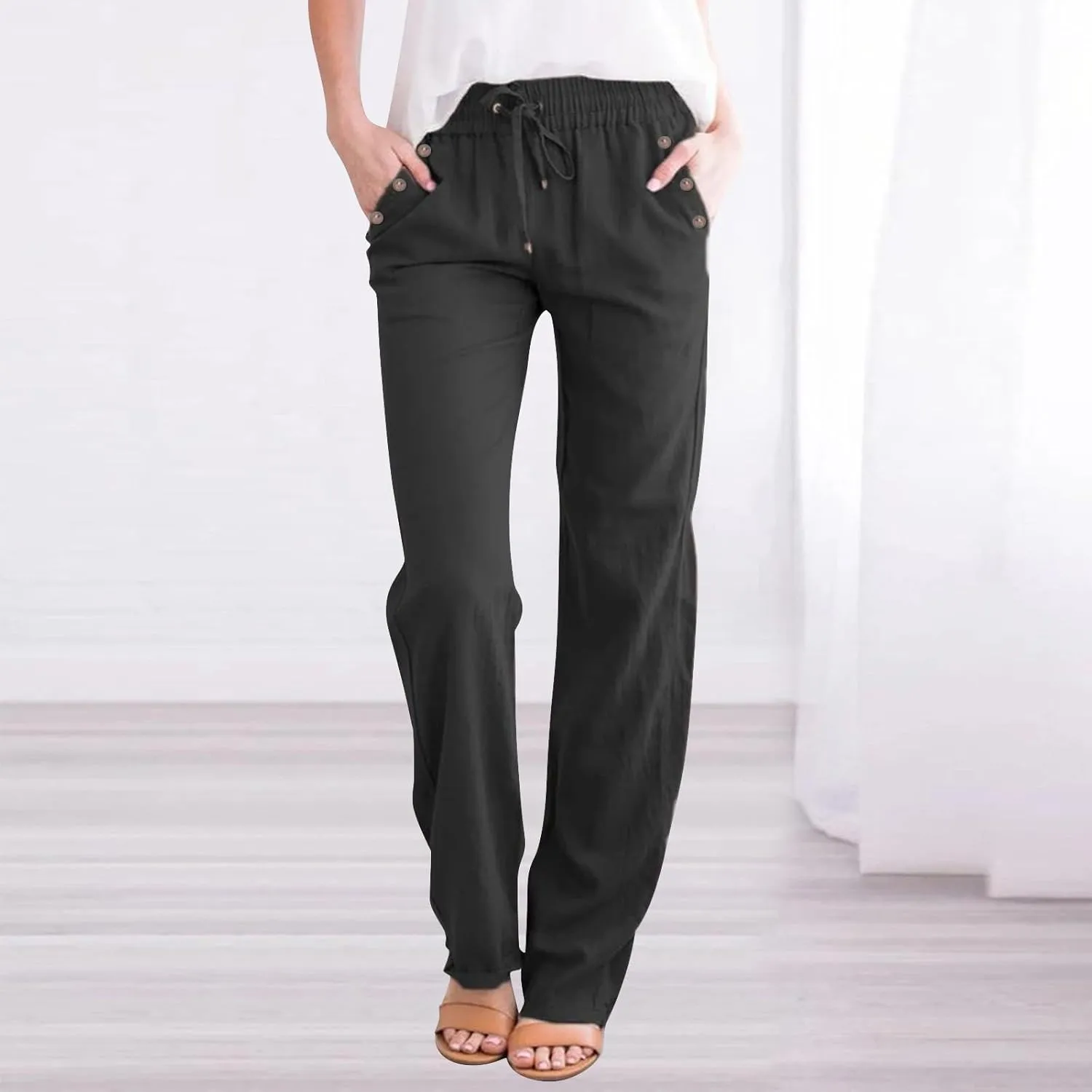 High Waisted Linen Pants Women Summer Boho Cotton Palazzo Pants Casual Summer Wide Leg Flowy Beach Pants with Pockets