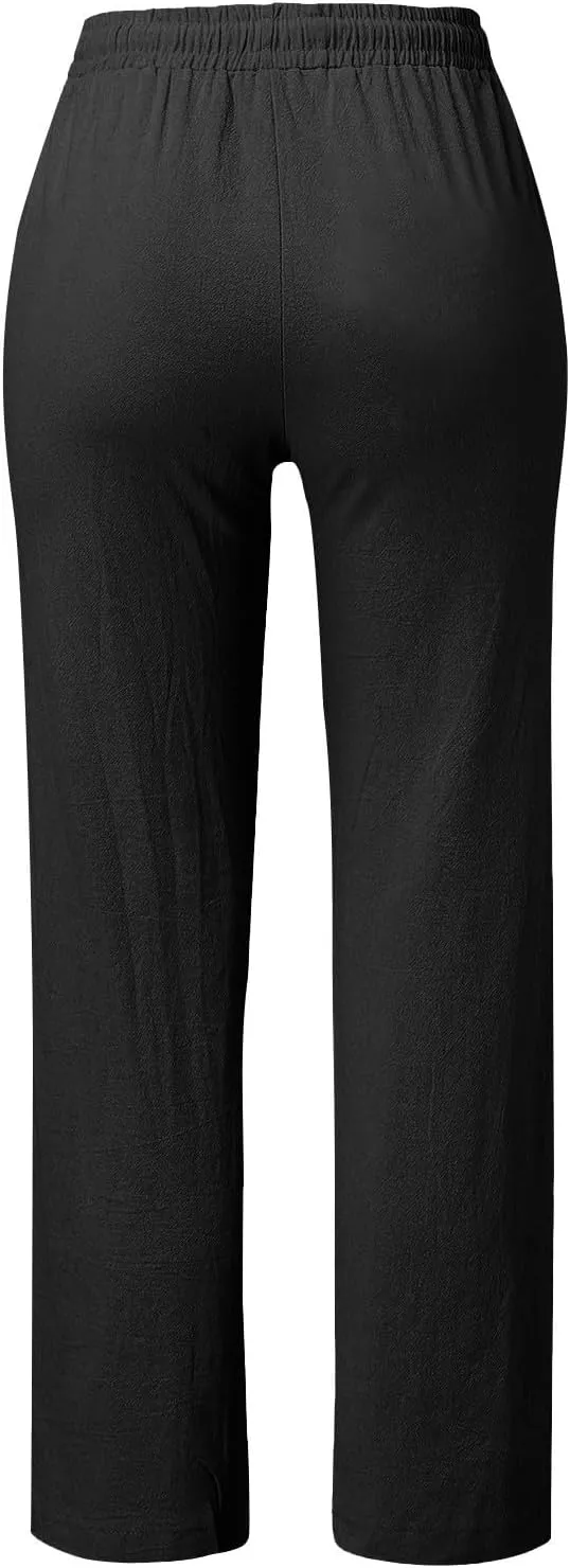 High Waisted Linen Pants Women Summer Boho Cotton Palazzo Pants Casual Summer Wide Leg Flowy Beach Pants with Pockets
