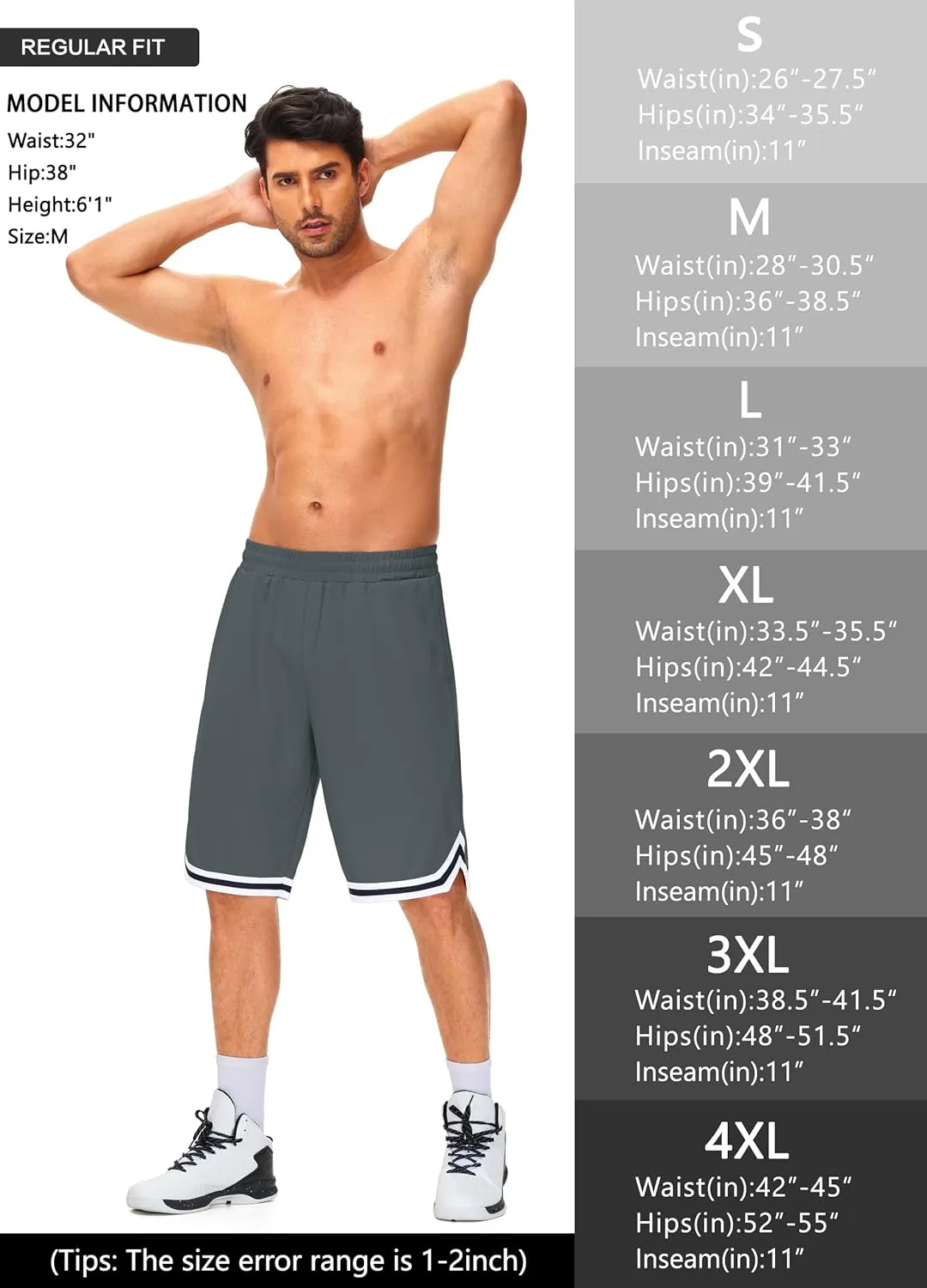 JWM Men's 11" Long Basketball Shorts - Below Knee Mesh Athletic Gym Workout Sport with Zip Pockets Quick Dry Lightweight