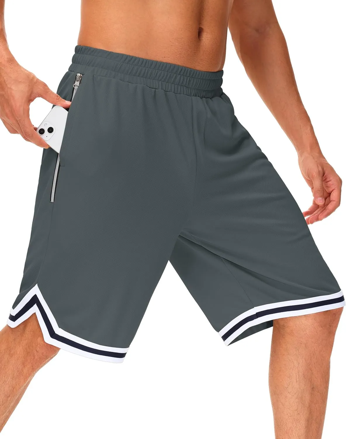 JWM Men's 11" Long Basketball Shorts - Below Knee Mesh Athletic Gym Workout Sport with Zip Pockets Quick Dry Lightweight