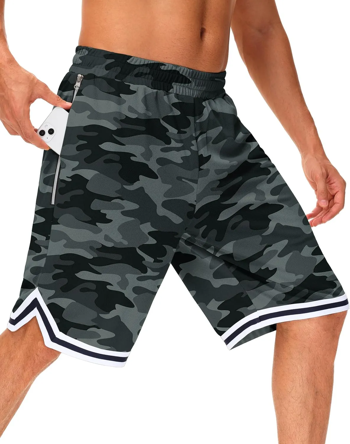 JWM Men's 11" Long Basketball Shorts - Below Knee Mesh Athletic Gym Workout Sport with Zip Pockets Quick Dry Lightweight