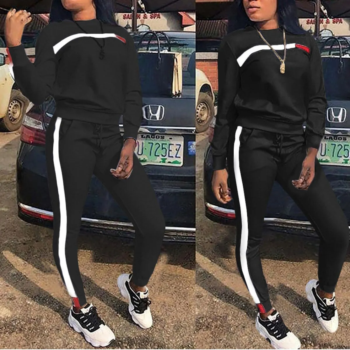 KANSOON Women Stripe Patchwork Two Piece Sweatsuit Round Neck Pullover and Skinny Long Pants Sets