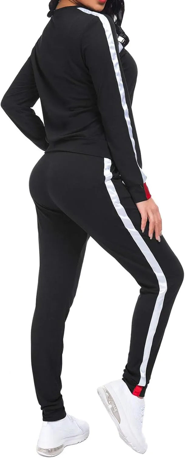 KANSOON Women Stripe Patchwork Two Piece Sweatsuit Round Neck Pullover and Skinny Long Pants Sets