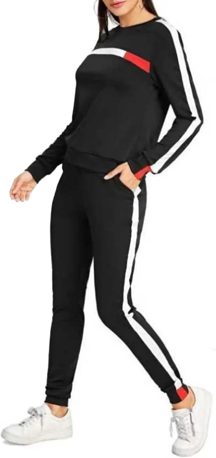 KANSOON Women Stripe Patchwork Two Piece Sweatsuit Round Neck Pullover and Skinny Long Pants Sets