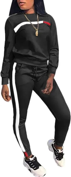 KANSOON Women Stripe Patchwork Two Piece Sweatsuit Round Neck Pullover and Skinny Long Pants Sets