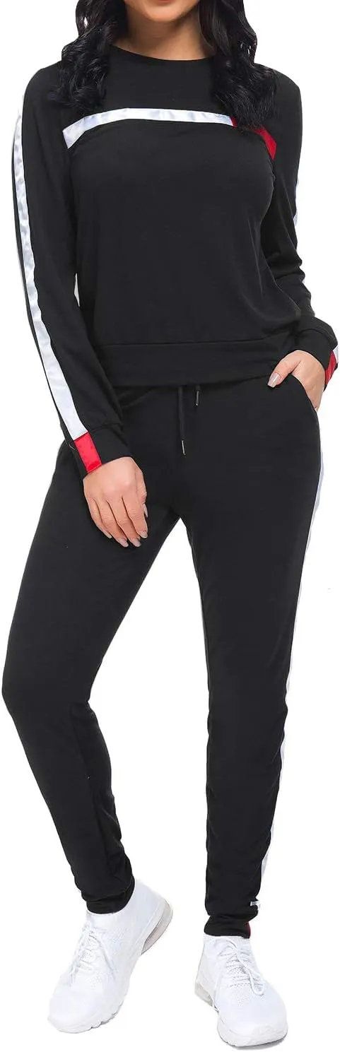 KANSOON Women Stripe Patchwork Two Piece Sweatsuit Round Neck Pullover and Skinny Long Pants Sets