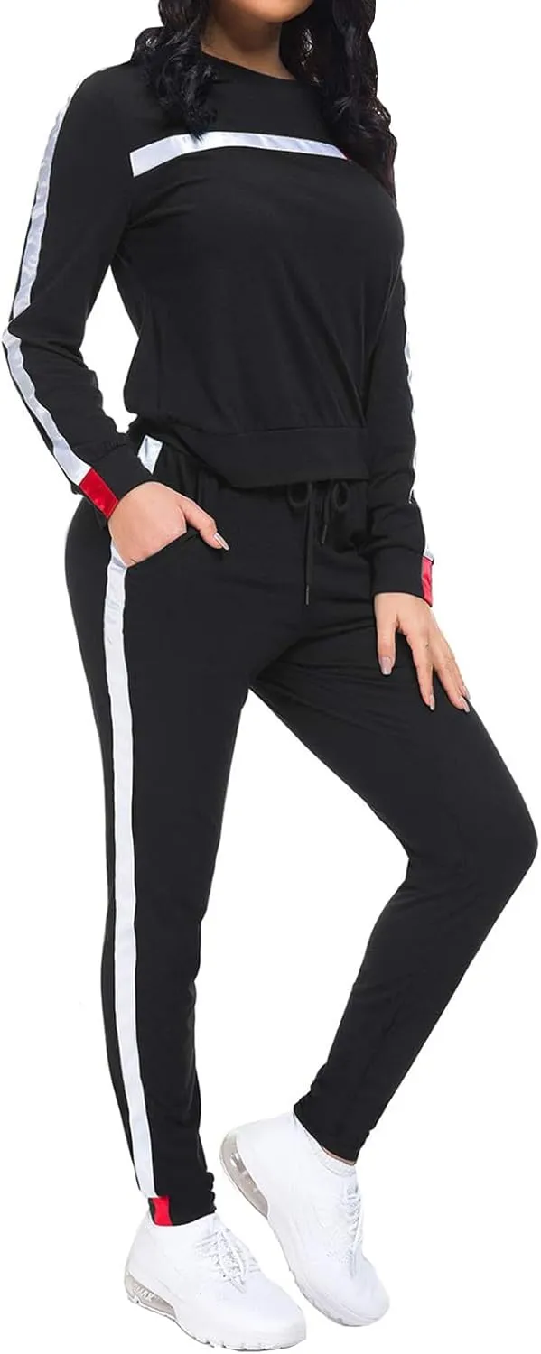 KANSOON Women Stripe Patchwork Two Piece Sweatsuit Round Neck Pullover and Skinny Long Pants Sets