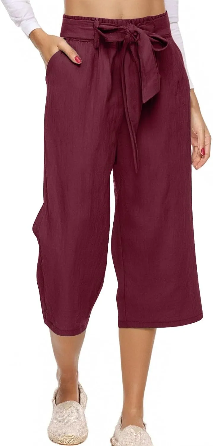 KIKX0DE Womens Summer Fashion Capri Pants Casual Drawstring Elastic High Waist Linen Pant Straight Cropped Trousers