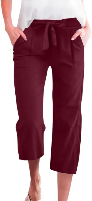 KIKX0DE Womens Summer Fashion Capri Pants Casual Drawstring Elastic High Waist Linen Pant Straight Cropped Trousers